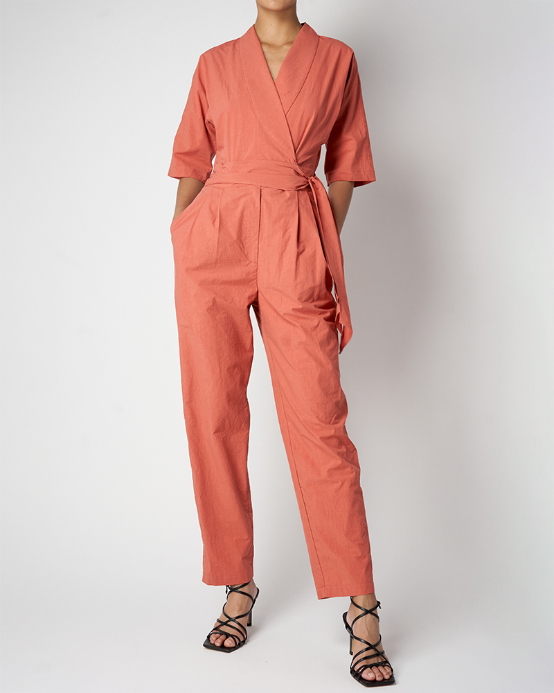 Paradised brick voile tuxedo style short sleeve jumpsuit